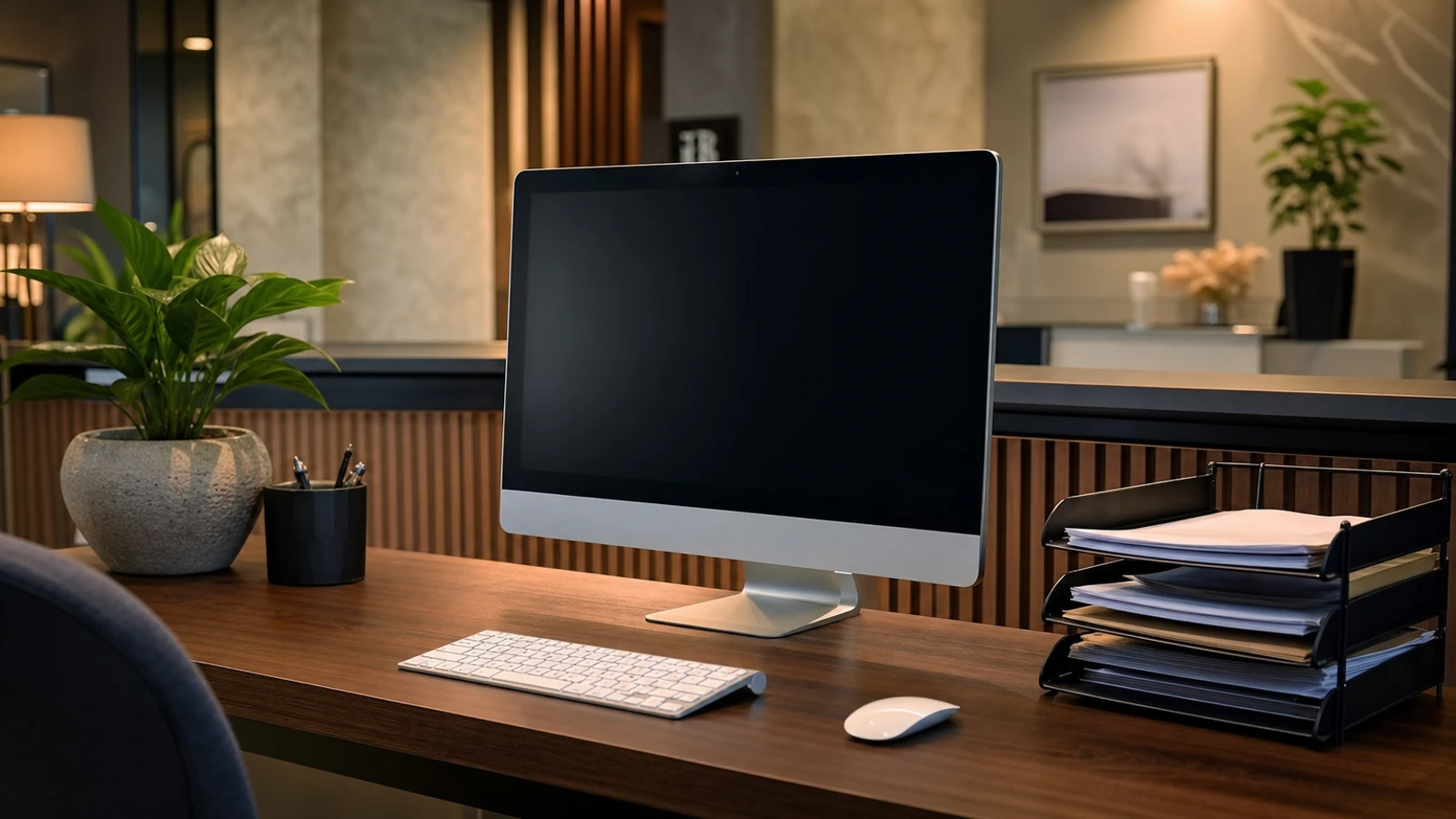 all-in-one office computer in a tidy small business workstation