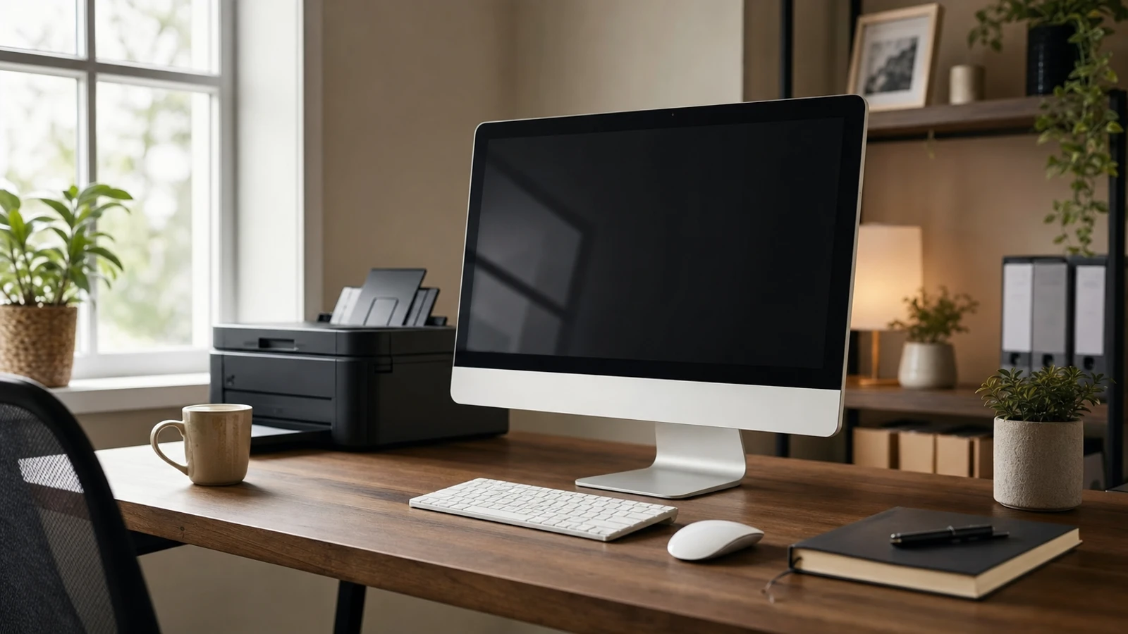 all-in-one office computer in a tidy small business workstation